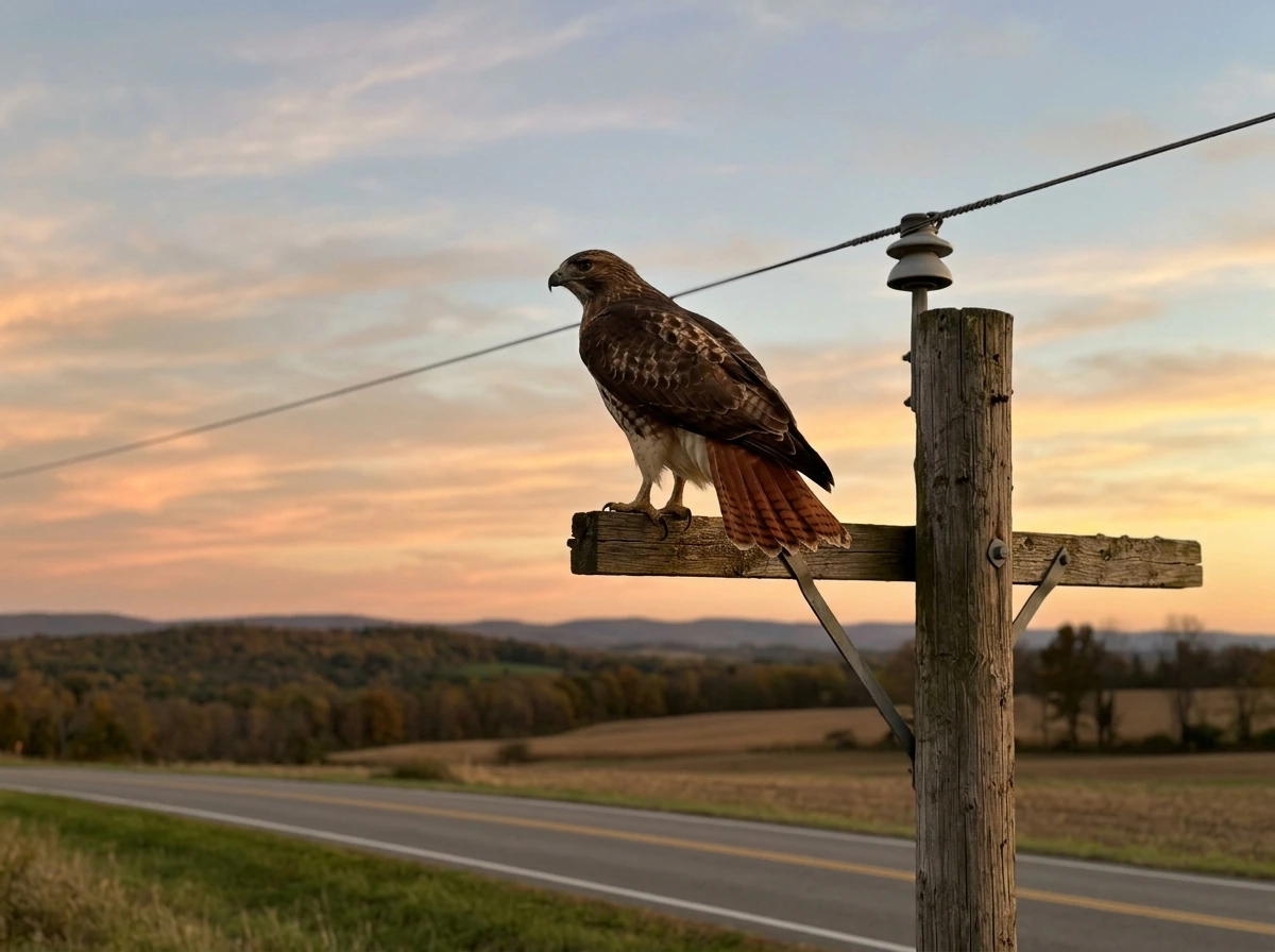 Red-tailed hawk perched on a utility pole against open sky.