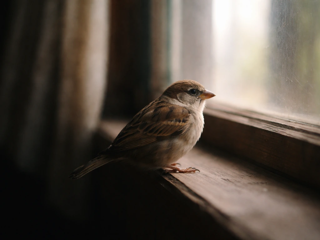 Small bird perched on a windowsill, softly blurred background suggesting fever-dream unreality