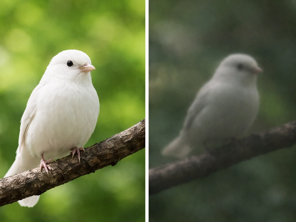 Split image: clear bright white bird on left vs muted, blurry bird in unclear setting on right.