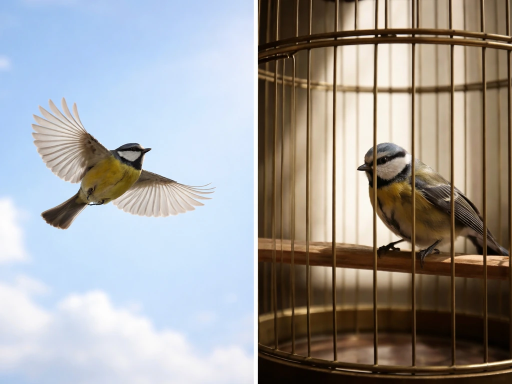 A split-scene: a bird flying freely in open sky and the same bird caged in a dim room.