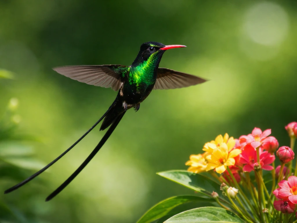 Male red-billed streamertail hummingbird hovering near a flower, iridescent green throat and red bill.