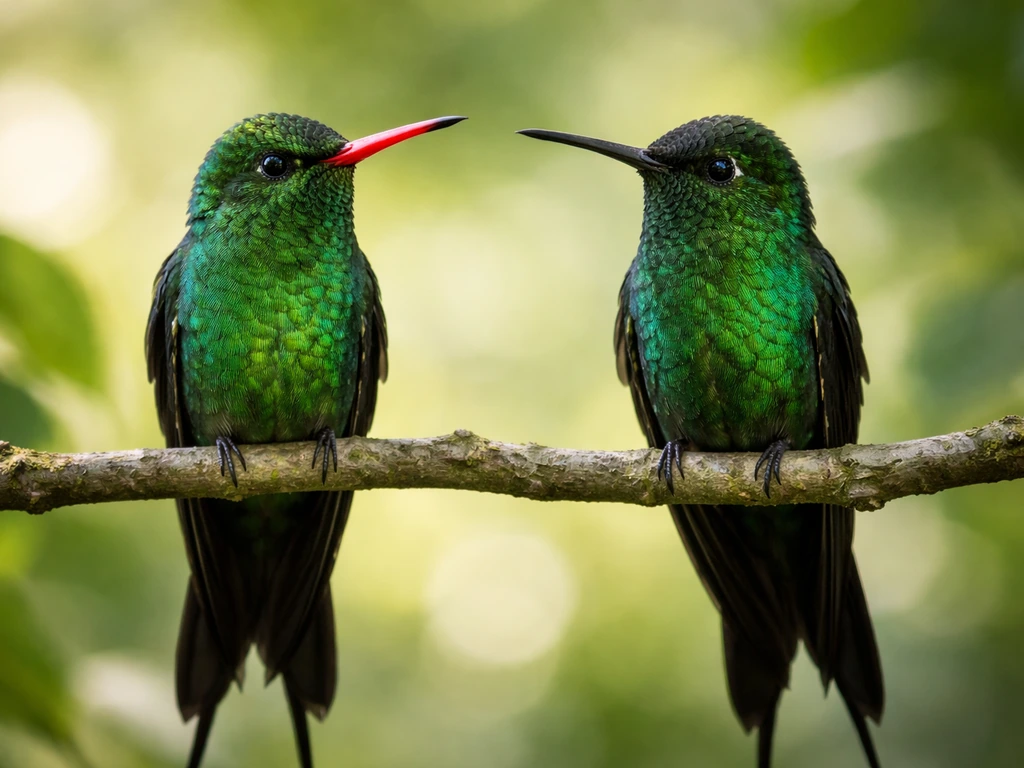 Two side-by-side hummingbirds on a branch, one with a red bill and one with a dark bill.