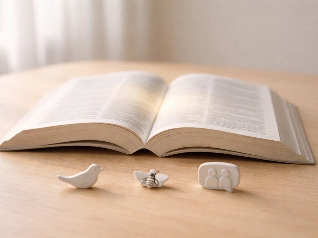 A dictionary on a table with small icons of birds, bees, and a parent-child talk shown as simple symbols.