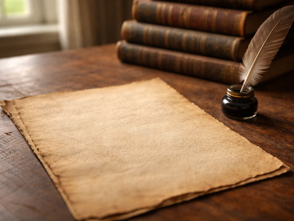 Close-up of an old book page, quill and ink beside a worn leather journal, hinting at early-1800s writing origins.