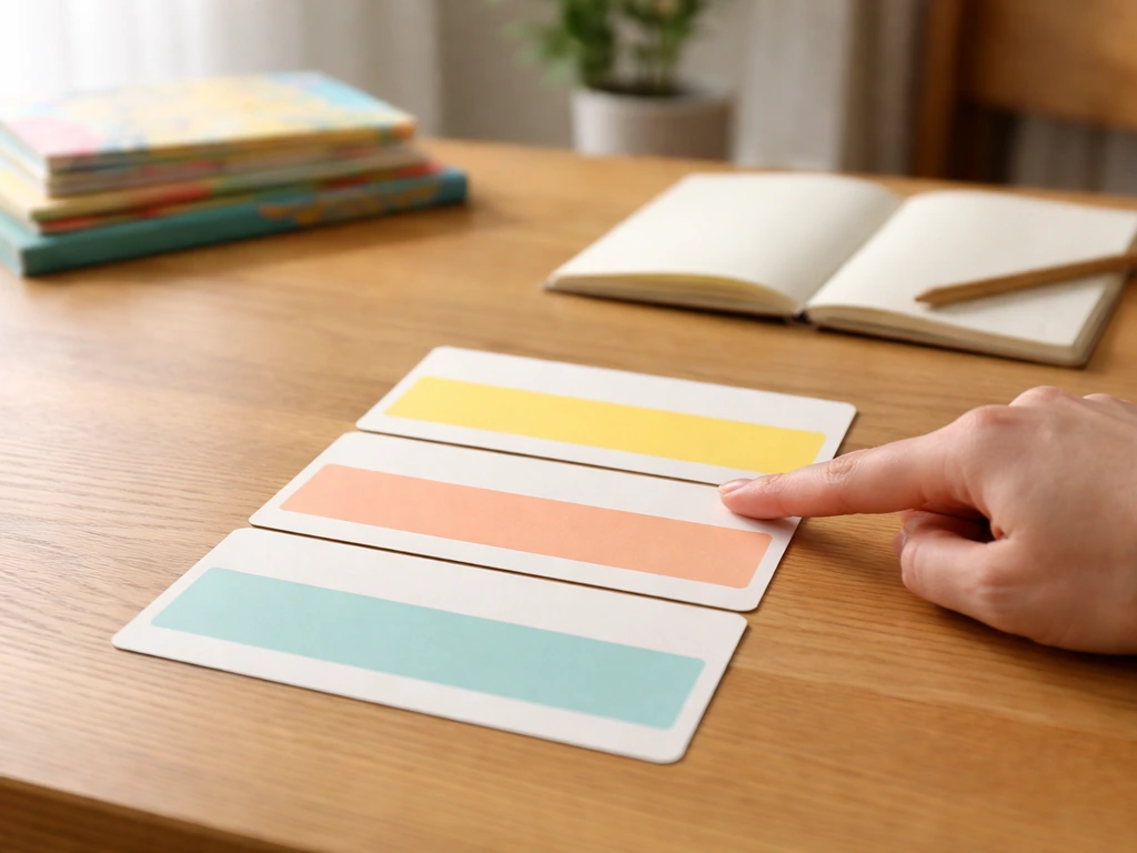 Parent’s hand arranging blank age-band cards on a wooden table during calm home preparation.
