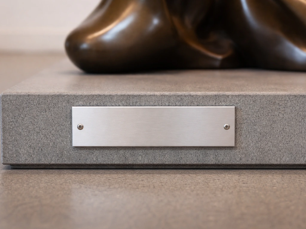 Close-up of a museum plaque beside a bronze sculpture base with soft background bokeh.