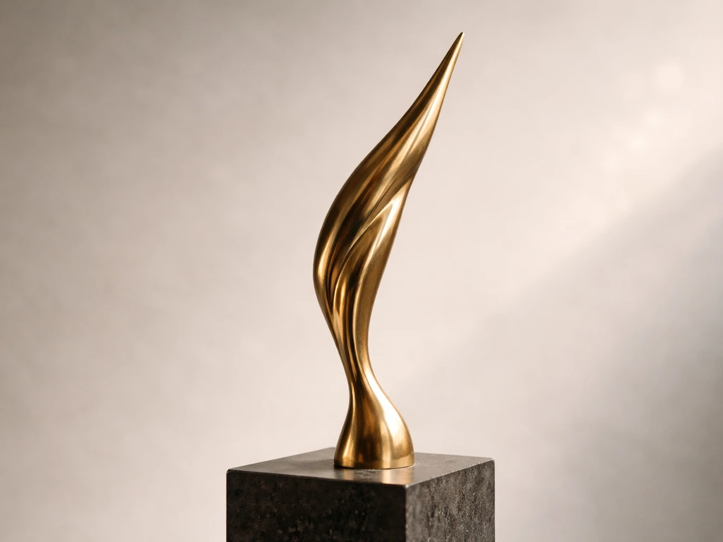 Bronze bird-in-space sculpture soaring upward on a simple pedestal in soft natural light