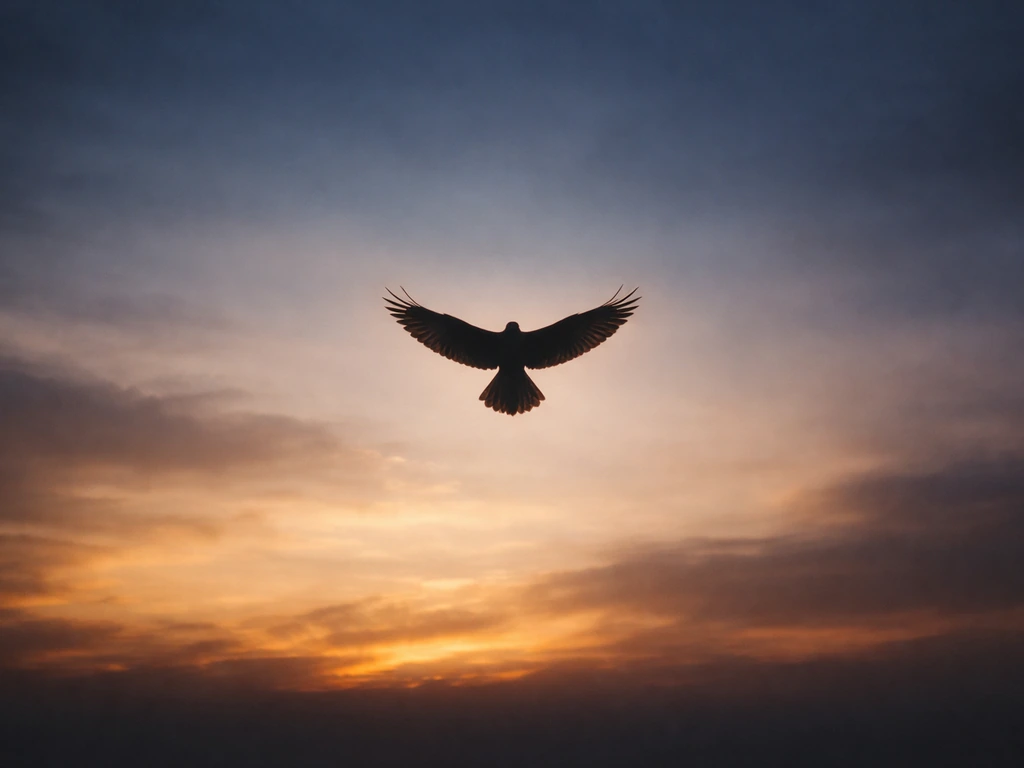 Single bird silhouette rising into an open dawn sky, suggesting transition and transcendence.