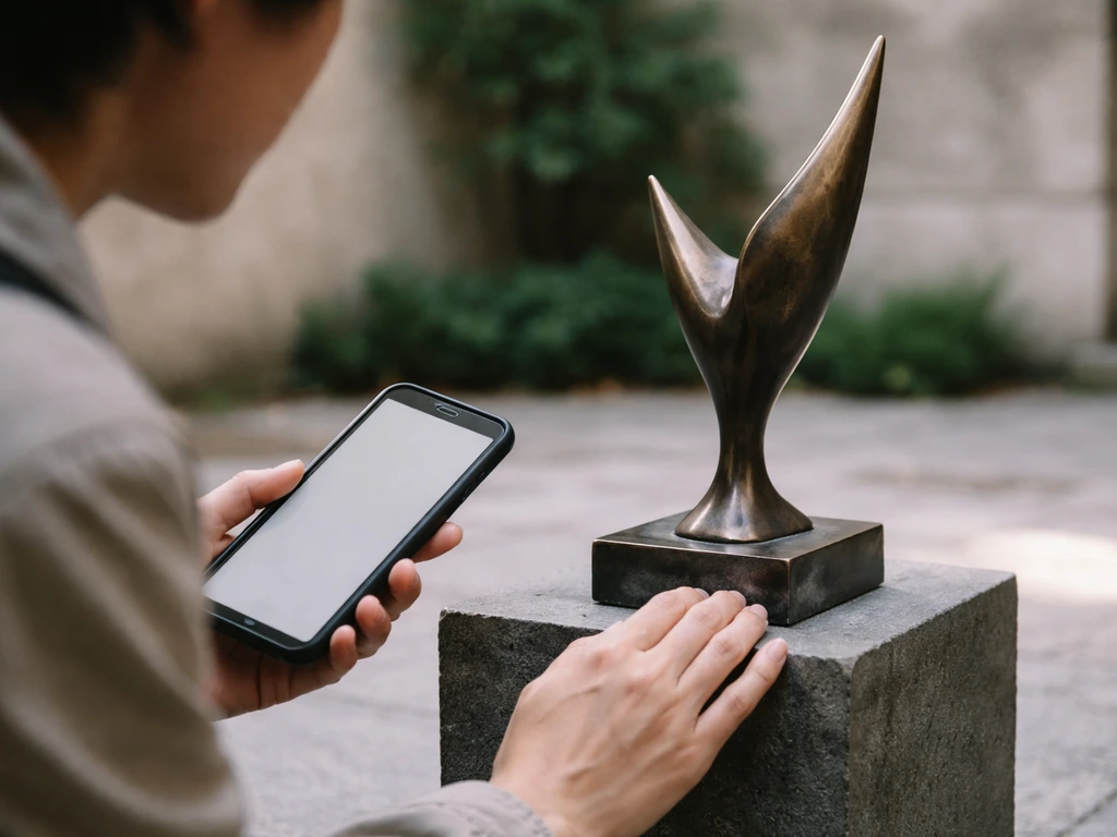 Person in outdoor courtyard holding phone notes while examining a small bird-in-space sculpture’s posture.