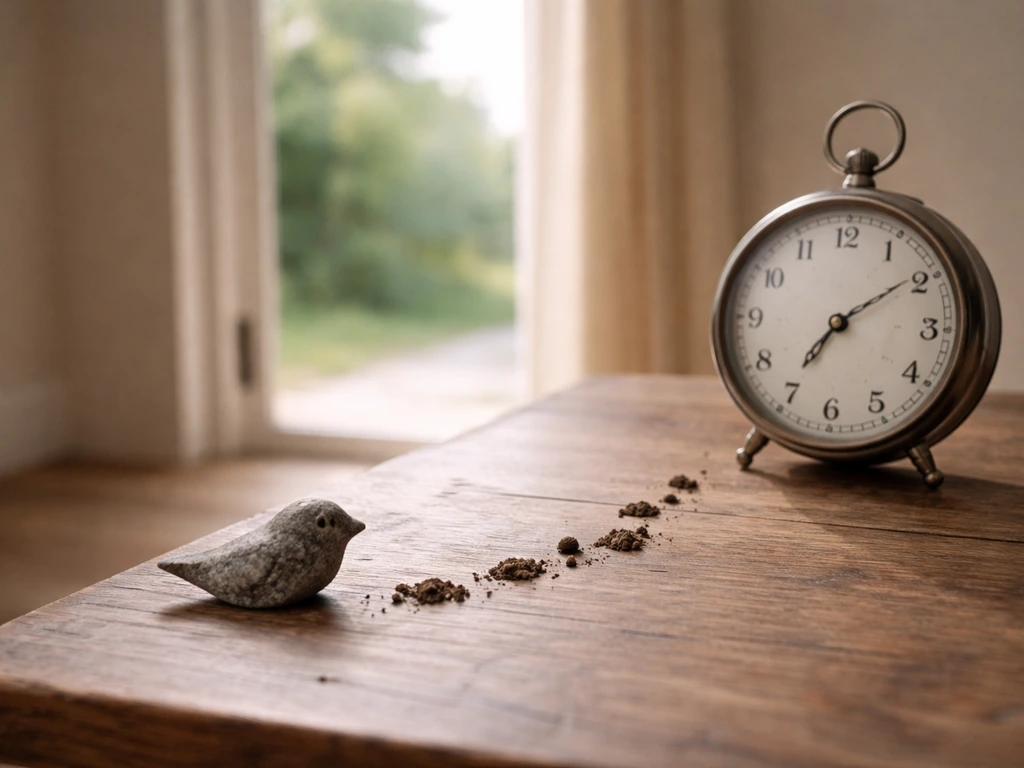 Close-up of an open doorway to daylight beside a ticking chronometer and a birdlike silhouette.
