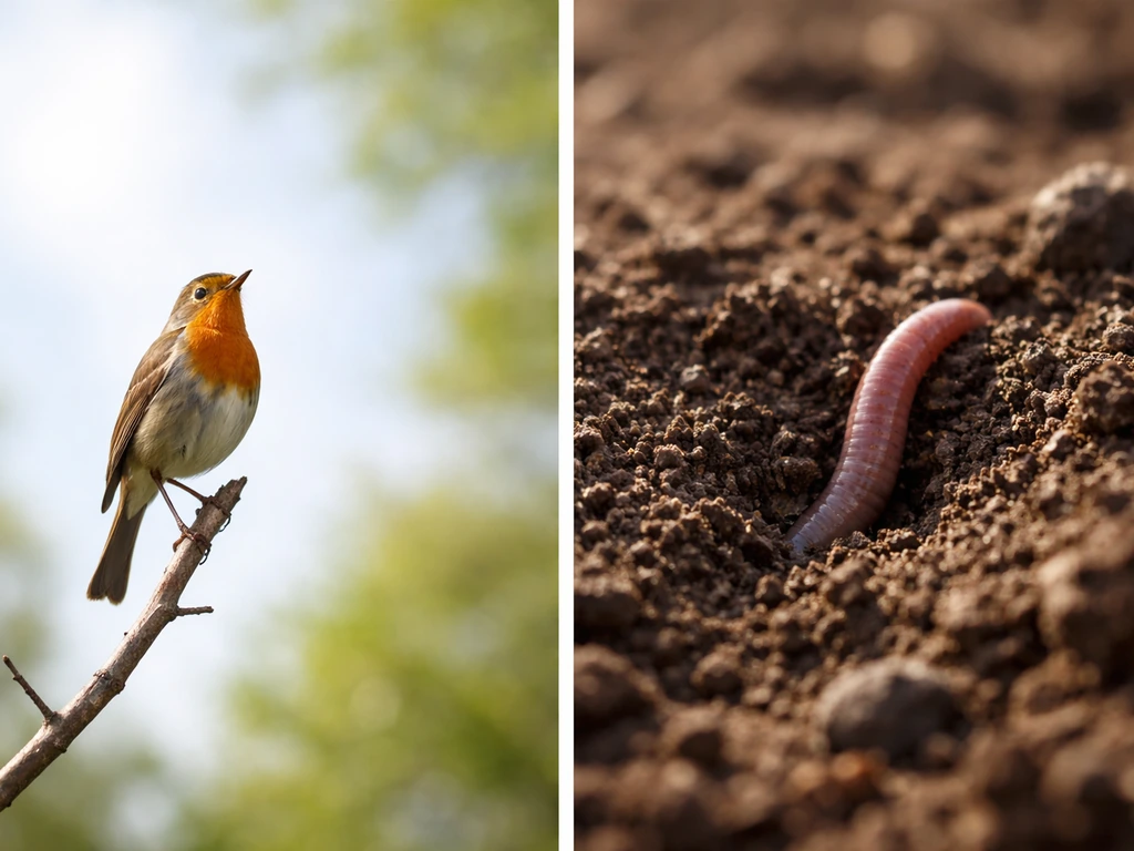 A small bird flying upward beside a worm in dark soil, symbolically separated in a minimal photo.