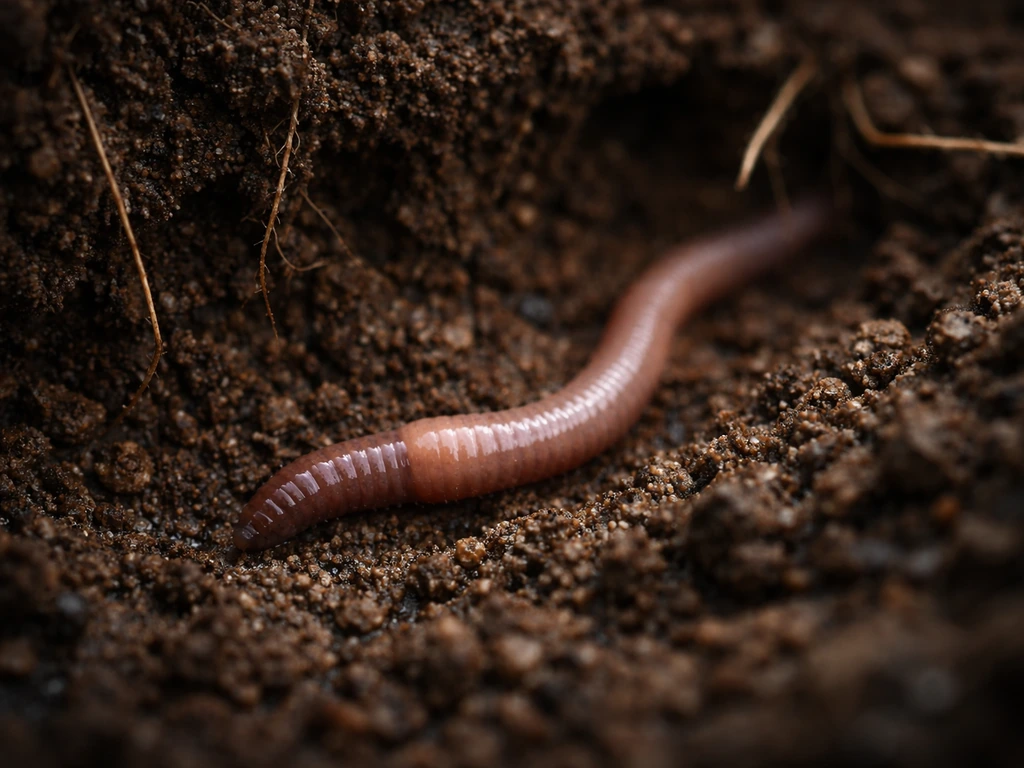 Close-up of a worm moving through dark soil with visible roots and soil layers