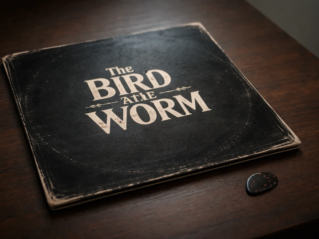 Minimal photo of a vinyl record sleeve titled “The Bird and the Worm” beside a guitar pick