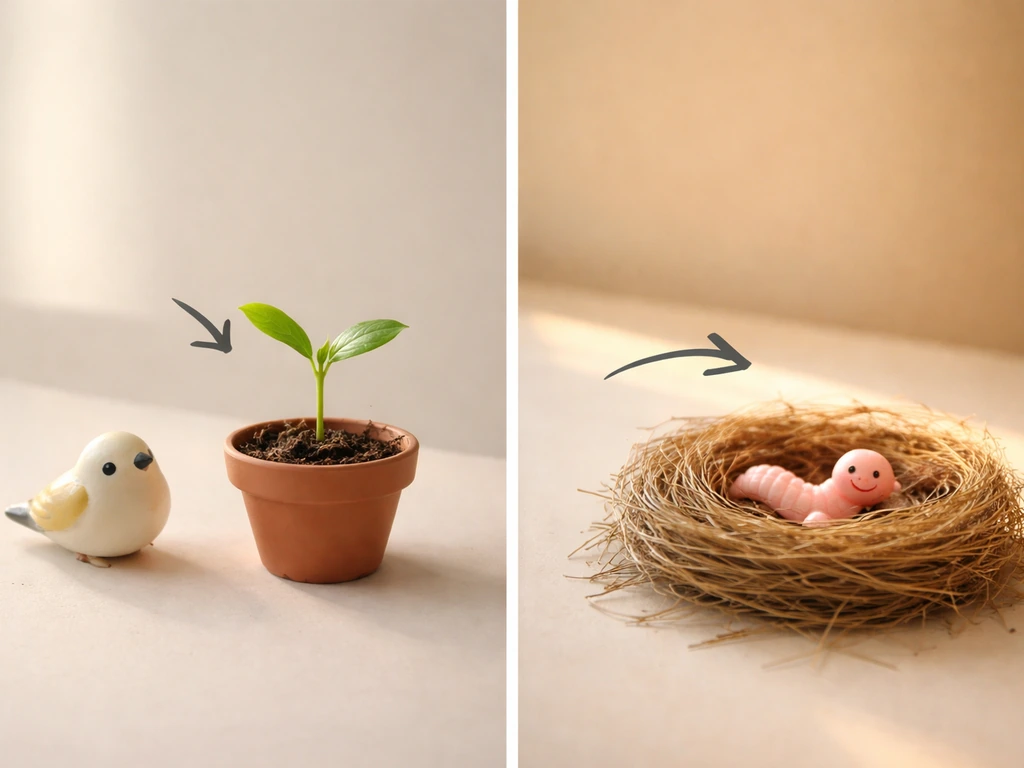 Minimal split-screen tabletop with small bird/plant on one side and nest/worm on the other, arrows indicating context.