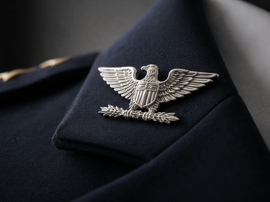Close-up of a silver eagle insignia resembling a U.S. colonel rank badge on a dark uniform collar