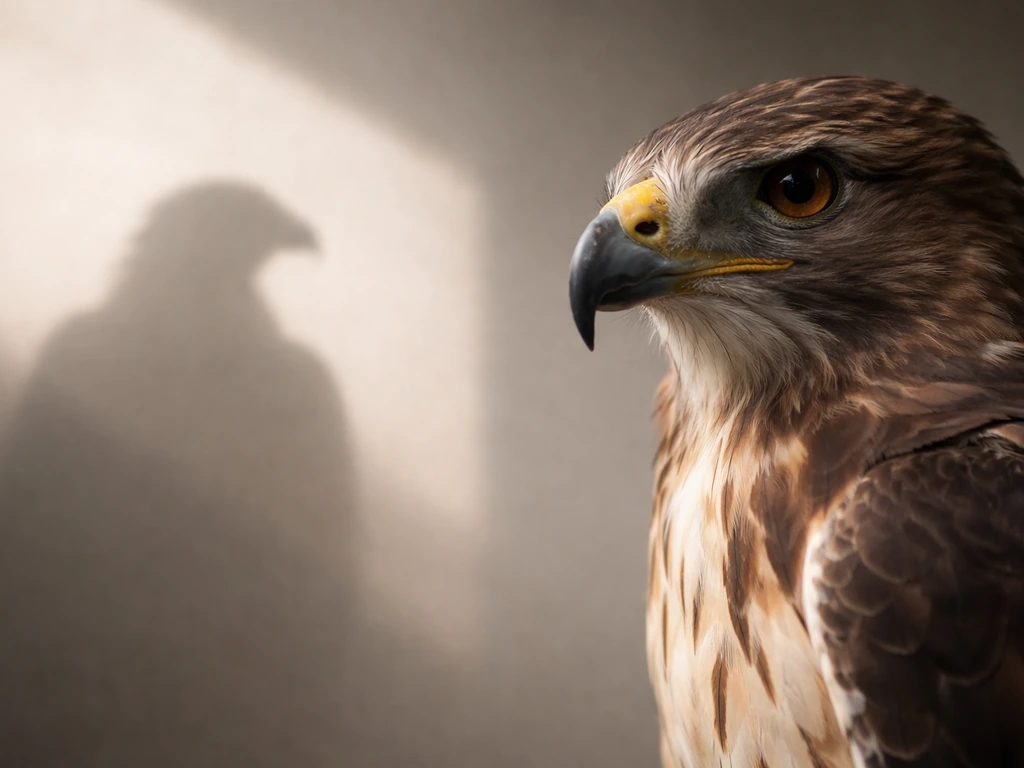 Close-up of a raptor’s hooked bill beside a small dramatic shadow silhouette, symbolizing predatory power