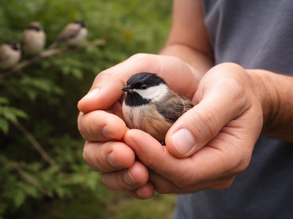 Person holding one bird close-up while other birds sit farther away out of reach.