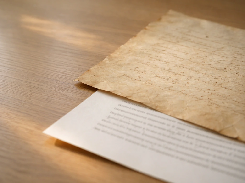 A worn parchment page overlaps a modern English book page on a wooden table, archival to modern origin feel.