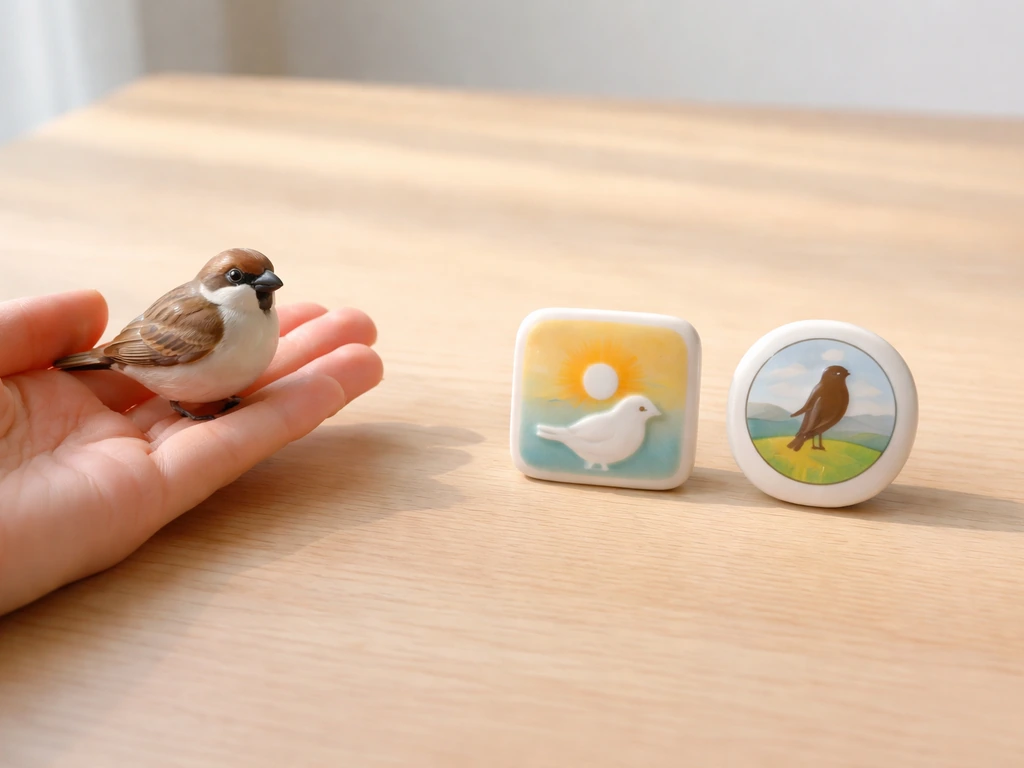 Minimal tabletop scene with two small ceramic cards showing bird idiom imagery: bird in hand vs early bird and bird’s-ey