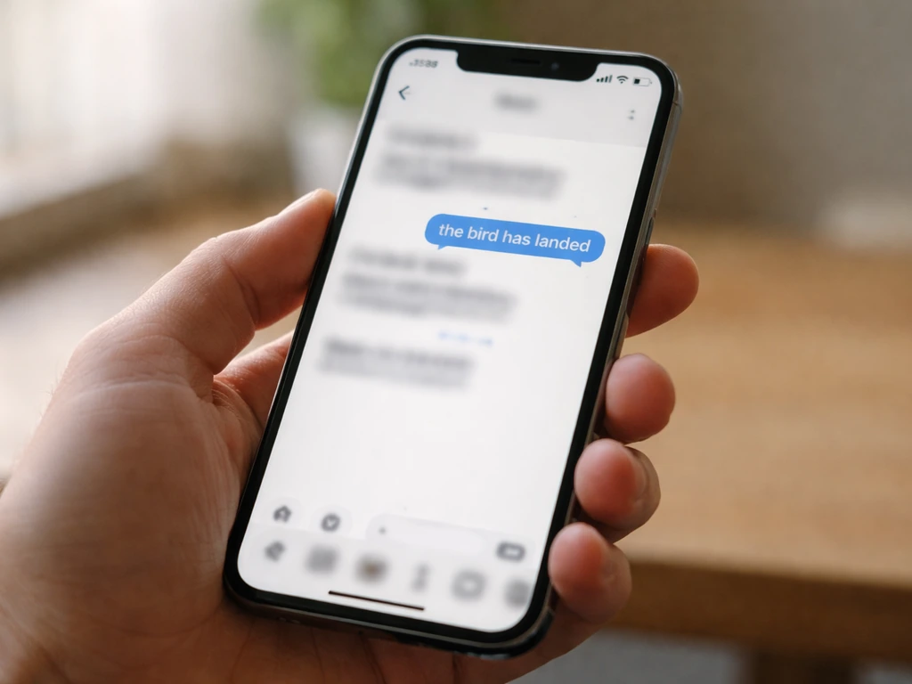 Hand holding a smartphone showing a text bubble: “the bird has landed” within a chat thread context.