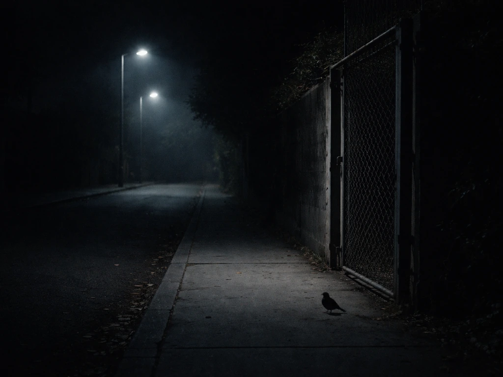 Nighttime street scene with a subtle sense of an ominous “arrival,” tense and watchful mood