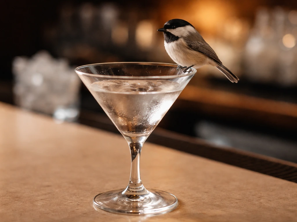 Close-up martini glass with a small realistic bird perched on the rim, on a quiet bar counter.