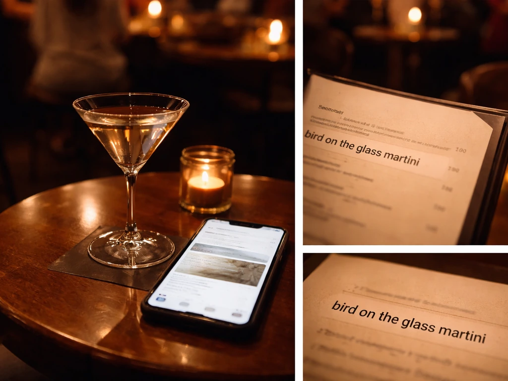 Close-up of a dim bar table with a smartphone showing a generic social caption mentioning “bird on the glass martini.”