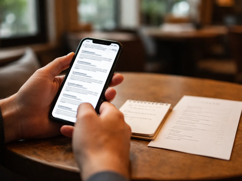 Person holding a phone showing search results, with handwritten menu cross-check notes on a café table.