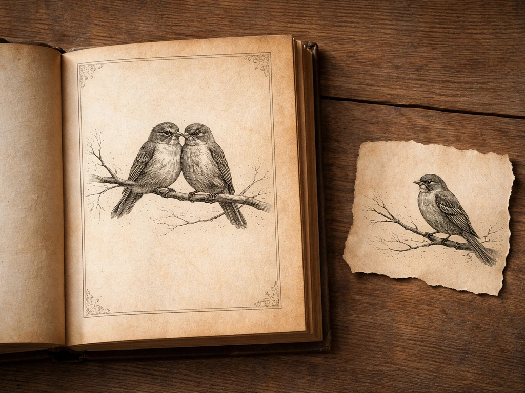 Open antique book with woodcut birds on a branch, plus a small contrasting scrap of paper nearby.