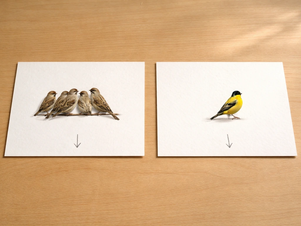 Two blank cards on a wooden table showing matching birds together on the left and a different bird on the right.