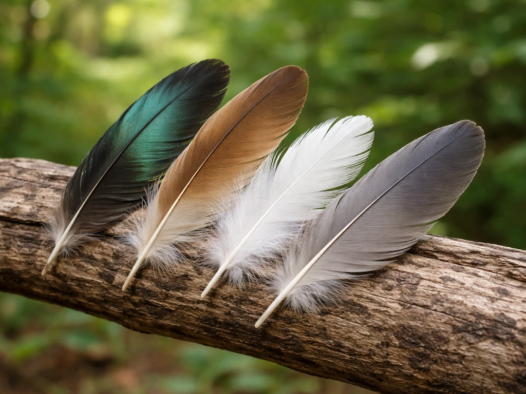 Close-up of assorted colorful feathers on a natural branch, showing varied textures and tones