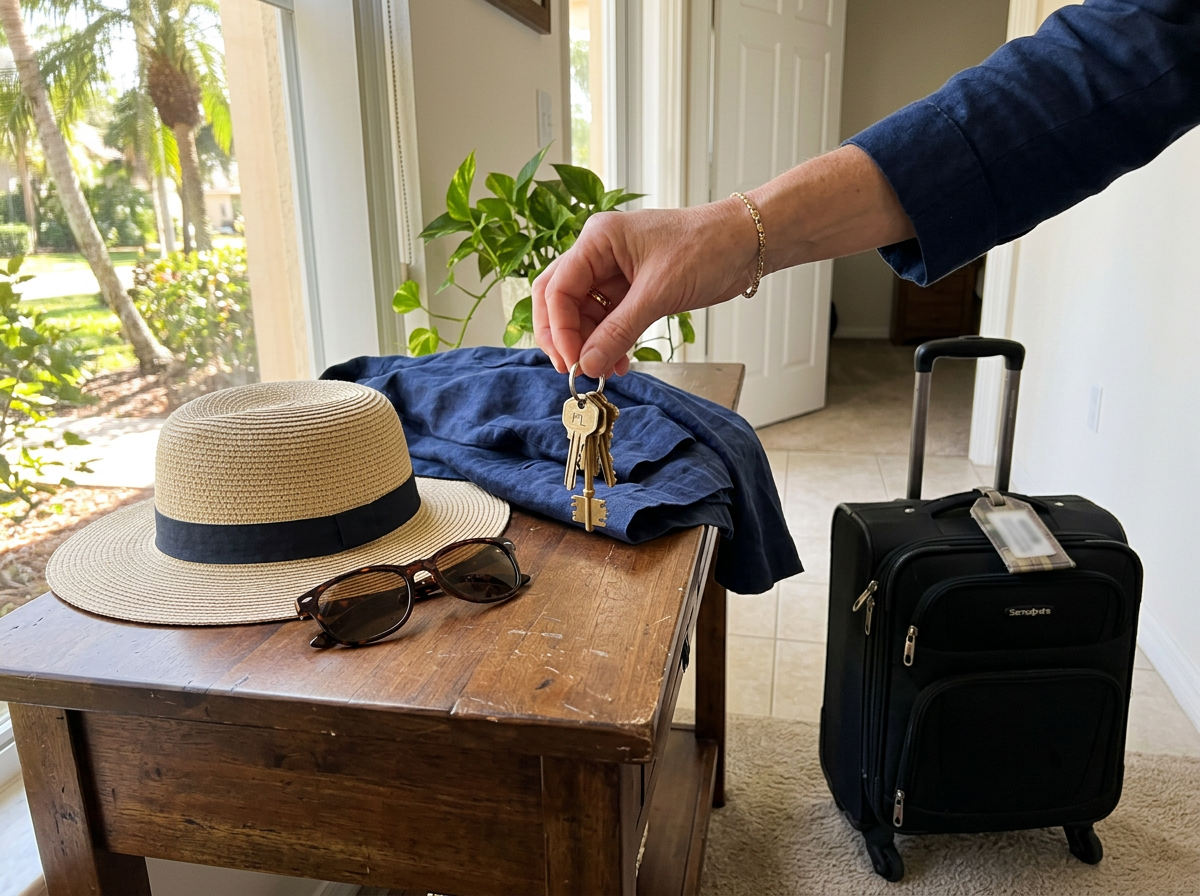 Retirees’ day-to-day snowbird routine with RV/condo keys and warm-weather items