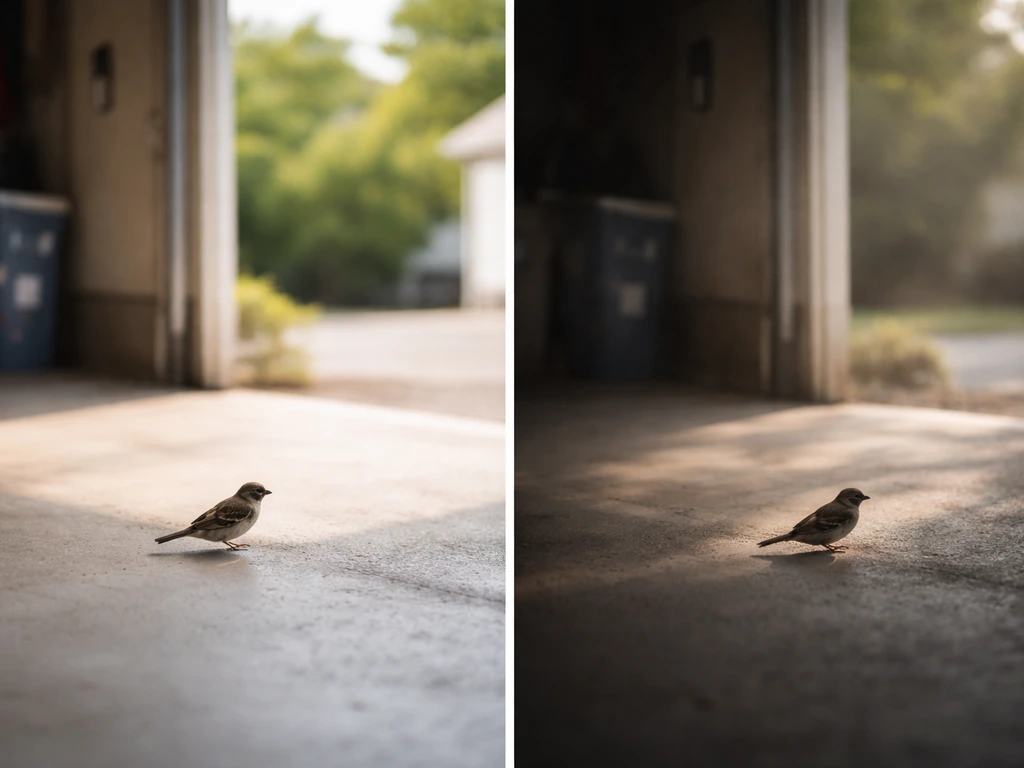 Small bird perched near an open garage door, with a softer symbolic mood in the background