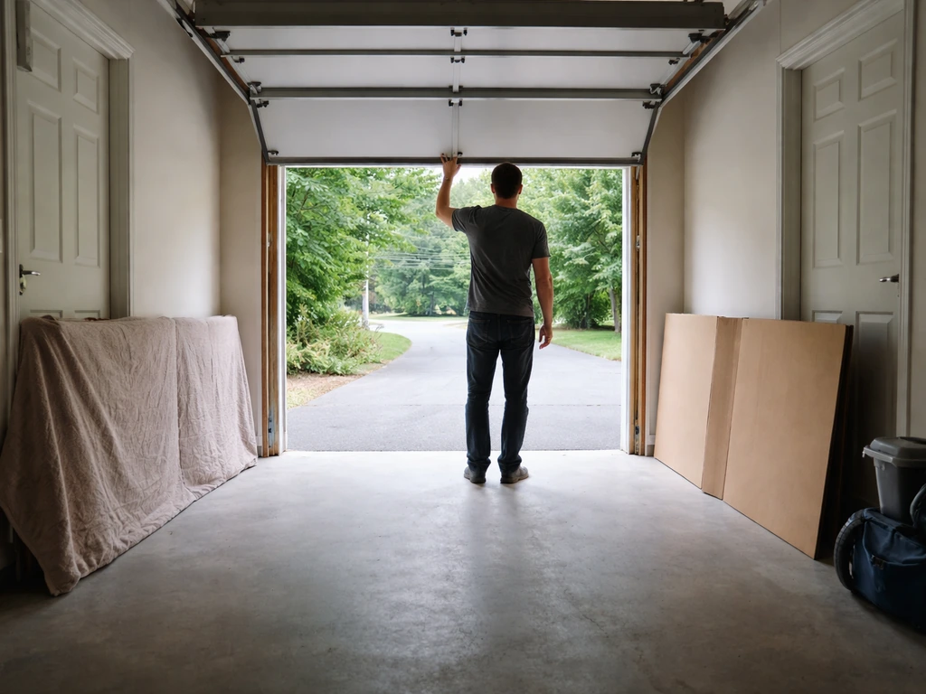 Person holding a garage door open while simple barriers block other openings for a safe bird escape route