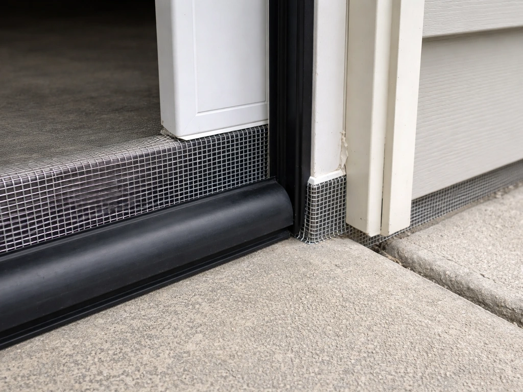Close-up of a garage entrance with sealed gaps and mesh/netting blocking bird access, door weather seal visible.