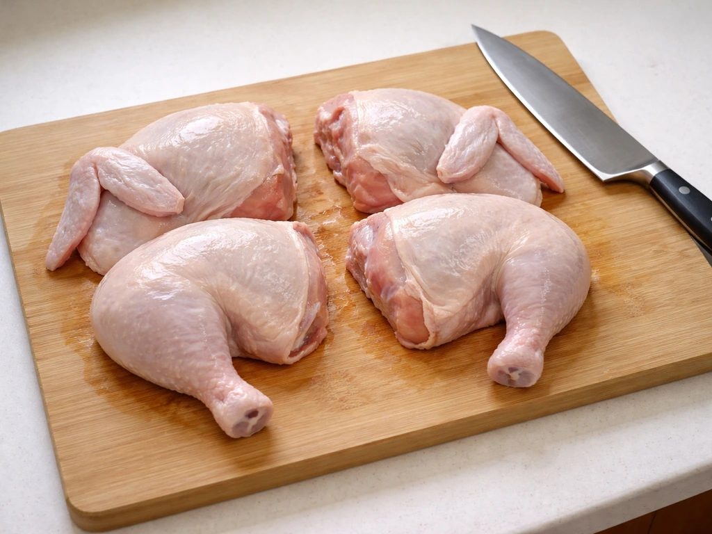 Butchered whole chicken cut into four quarters on a clean cutting board with knife nearby