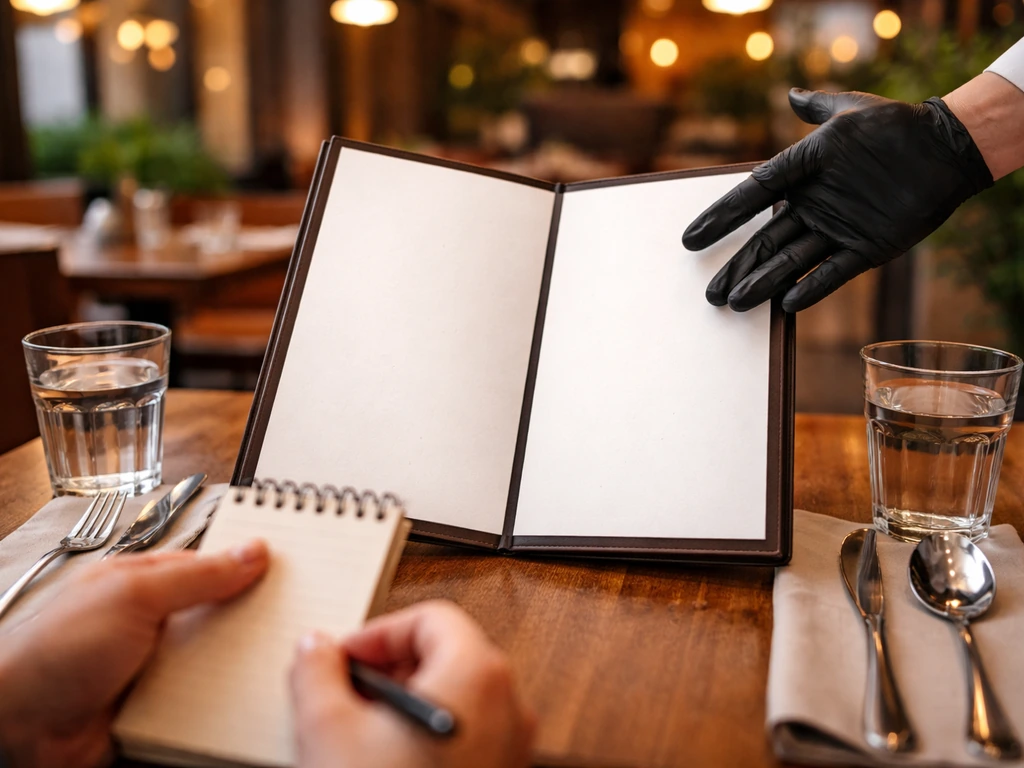 Hands on a restaurant table with a menu folder, suggesting a portion-size order conversation.