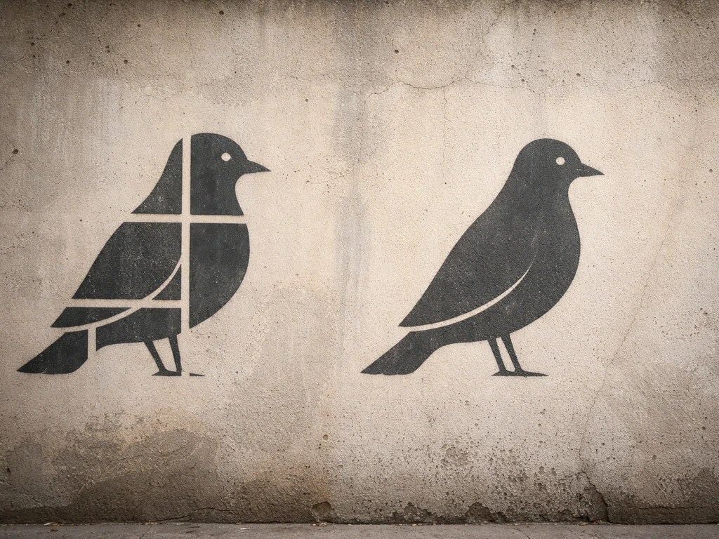 Weathered wall with a quartered bird motif beside a whole bird silhouette, suggesting symbolic contrast.