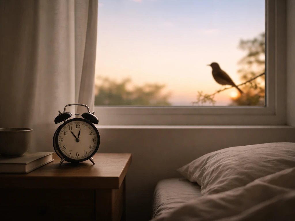 Dawn view from a bedroom window with an early-morning alarm clock and a bird silhouette outside