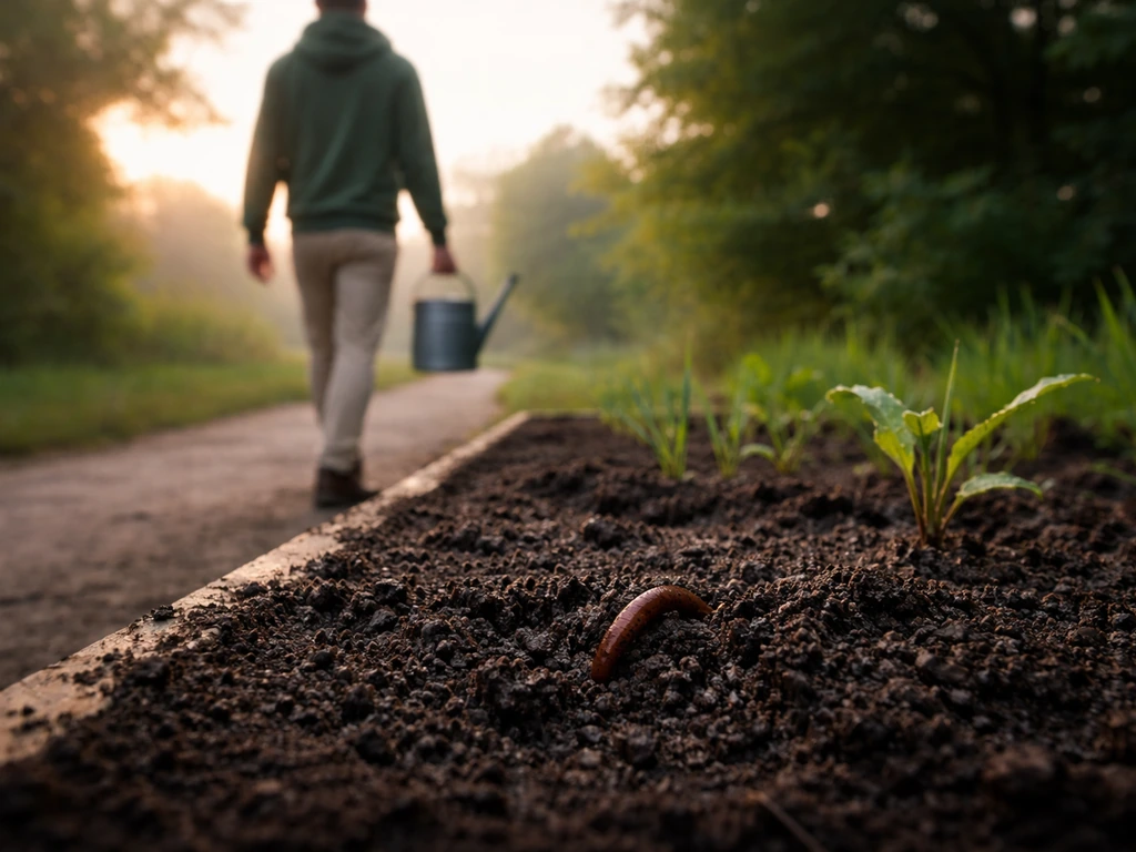 An early-rising person in morning light approaches a garden bed as a worm emerges from soil.