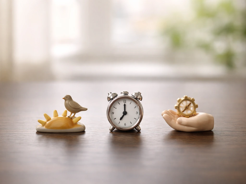Three mini icon figurines on a desk: sunrise bird, small clock, and readiness pointer shapes.