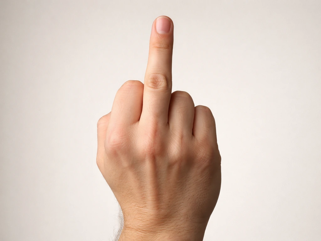 Close-up of a hand forming a fist, with only the middle finger extended upward, neutral background