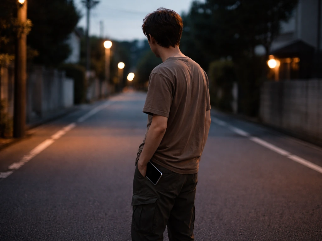 An adult de-escalates conflict by turning away and putting their phone away on a quiet street.