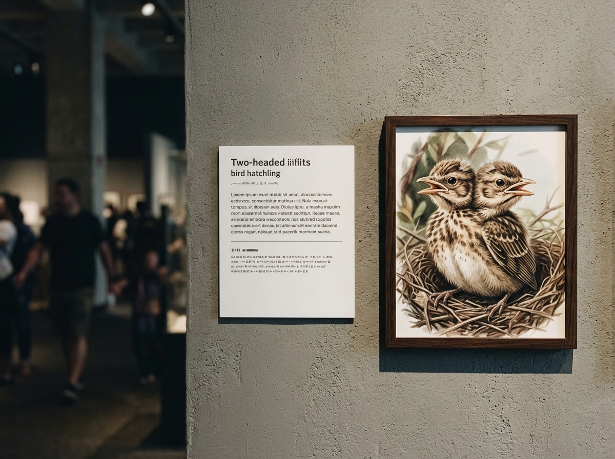 Two-headed bird hatchling illustration on display with visible two heads