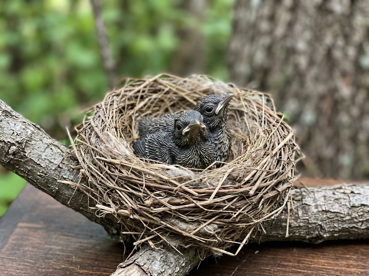 Nestling in a nest with two distinct heads visible