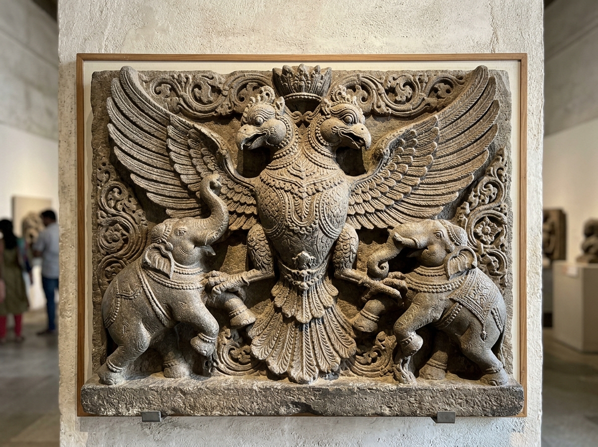 Gandabherunda two-headed bird iconography holding elephants