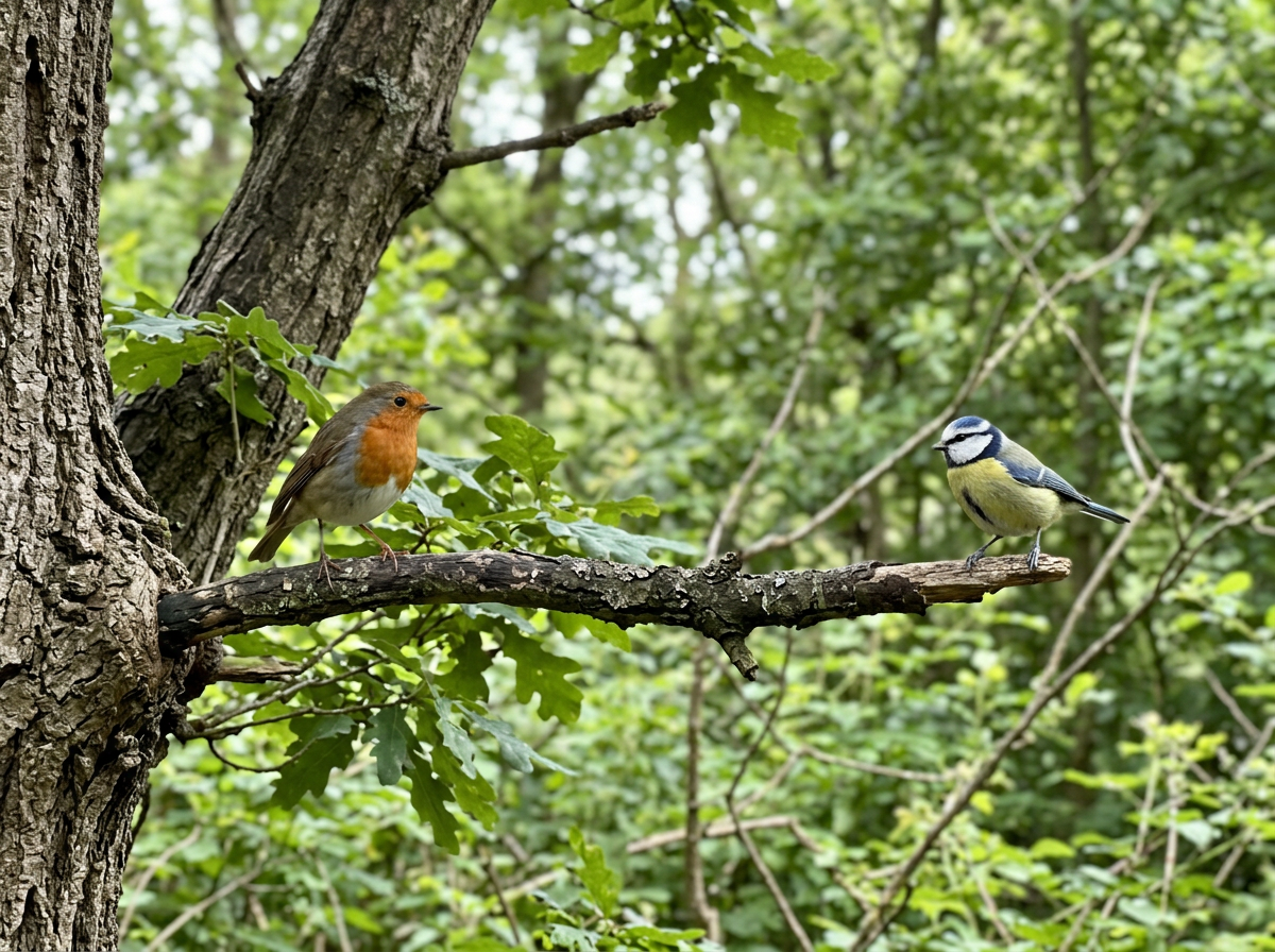 Two birds perched on the same shared branch and trunk