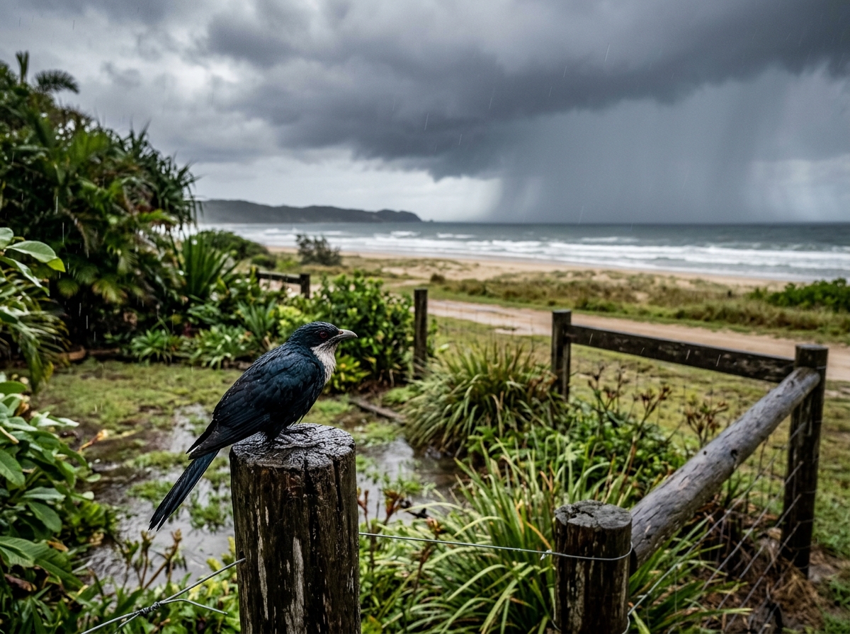 Pacific koel lookalike perched as storm weather moves in, reflecting common “storm bird” usage in Australia.