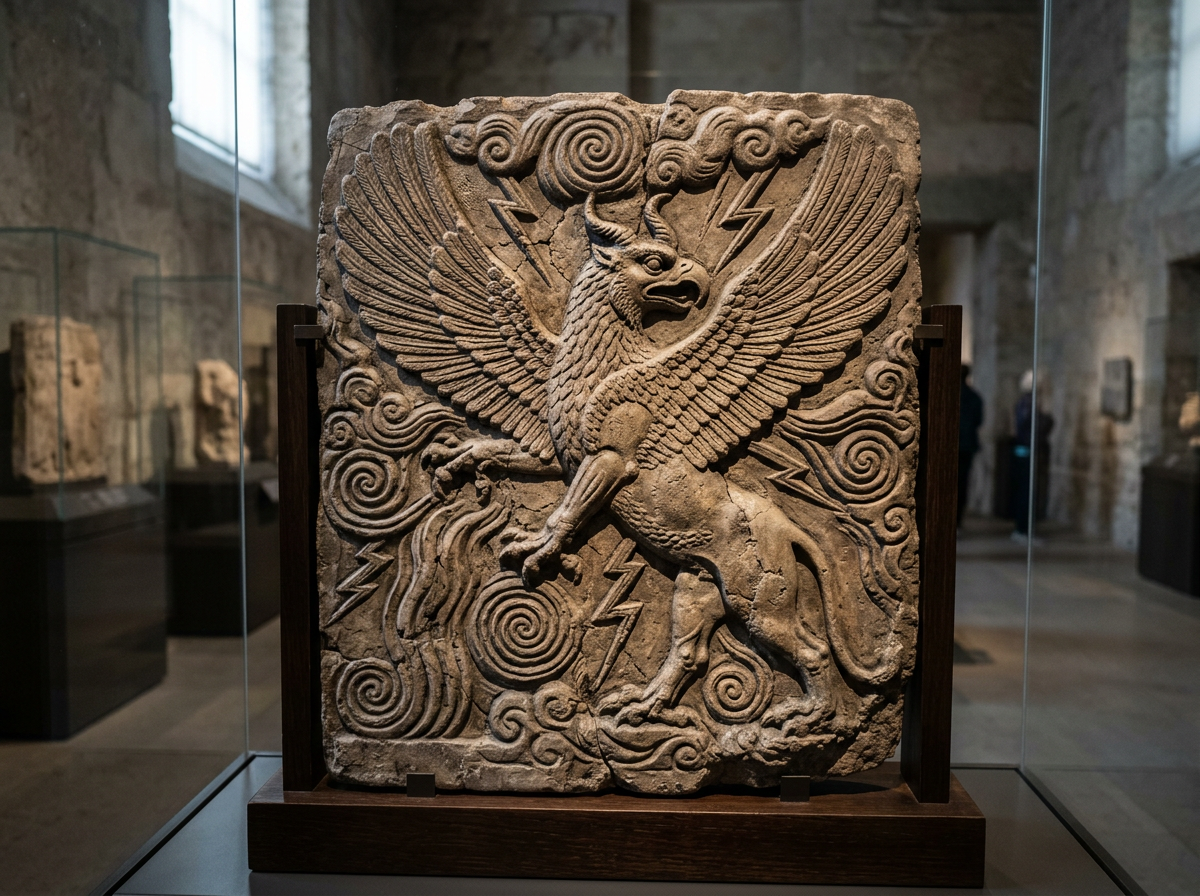 Museum artifact depiction of Anzû, a mythological storm-bird from Mesopotamian tradition.