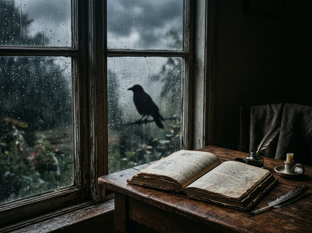 Open book with rainy window and bird shadow, illustrating storm-bird omens in storytelling.